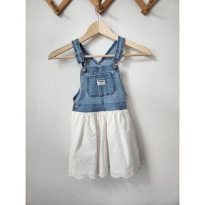 Oshkosh white eyelet faded denim‎ overall little girl dress 4T sweet country